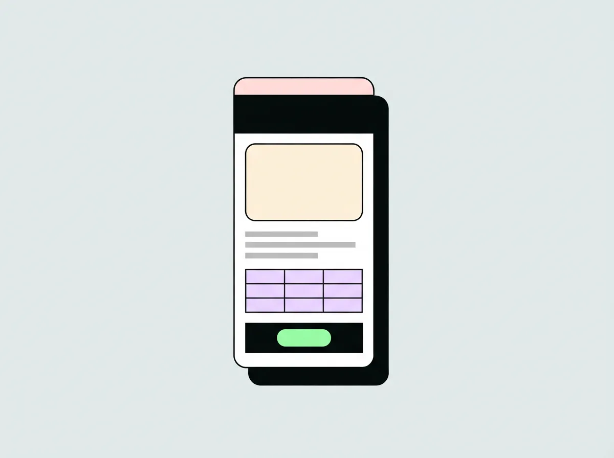 Drawing of a long article page with a headline bar, an image block, text lines and a button at the bottom